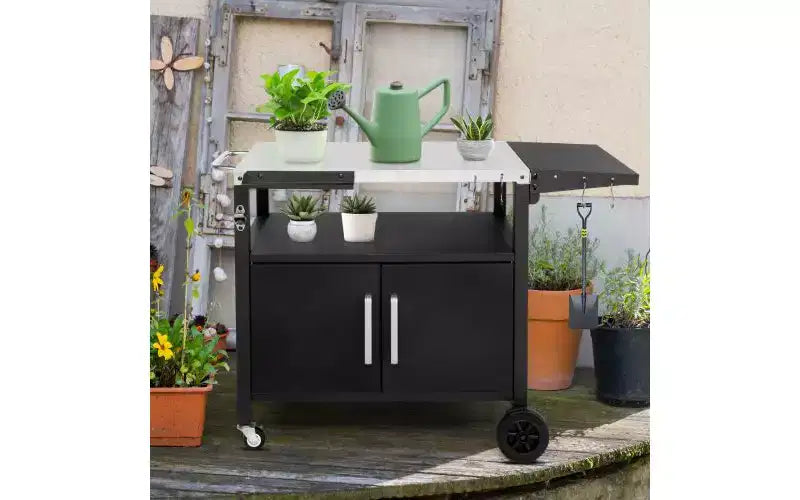 Karl Home Outdoor Rolling Grill Cart with Storage with Wheels Hooks Foldable Top