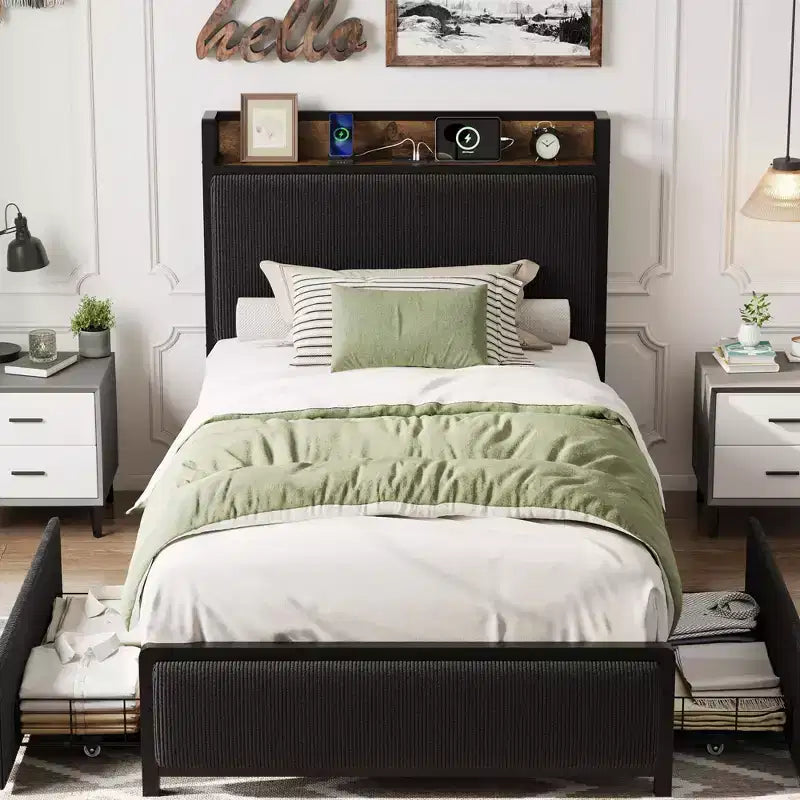 Twin Size Wood Platform Bed Frame with Headboard and 2 Storage Drawers, No Box Spring Needed, for Kids, Teens or Adults