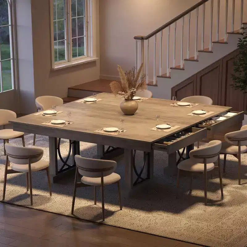 Dining Table for 6-8 with 2 Drawers, Wooden Kitchen Table with Double Pedestal & Large Tabletop, 8 Ft Large Rectangular Dinner Table with Sturdy Frame