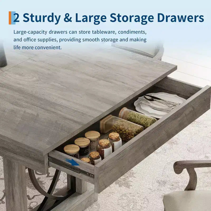 Dining Table for 6-8 with 2 Drawers, Wooden Kitchen Table with Double Pedestal & Large Tabletop, 8 Ft Large Rectangular Dinner Table with Sturdy Frame