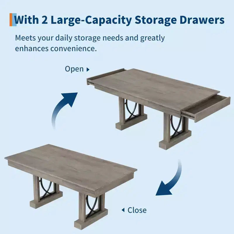 Dining Table for 6-8 with 2 Drawers, Wooden Kitchen Table with Double Pedestal & Large Tabletop, 8 Ft Large Rectangular Dinner Table with Sturdy Frame