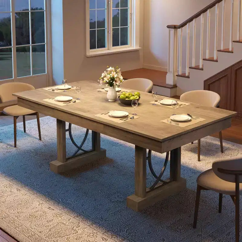Dining Table for 6-8 with 2 Drawers, Wooden Kitchen Table with Double Pedestal & Large Tabletop, 8 Ft Large Rectangular Dinner Table with Sturdy Frame