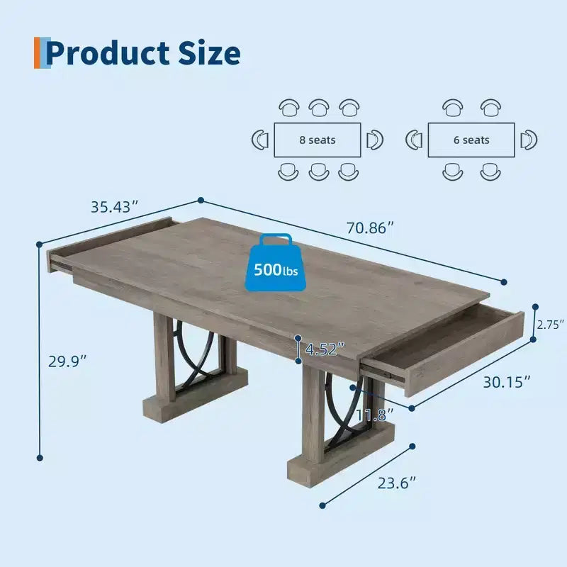 Dining Table for 6-8 with 2 Drawers, Wooden Kitchen Table with Double Pedestal & Large Tabletop, 8 Ft Large Rectangular Dinner Table with Sturdy Frame