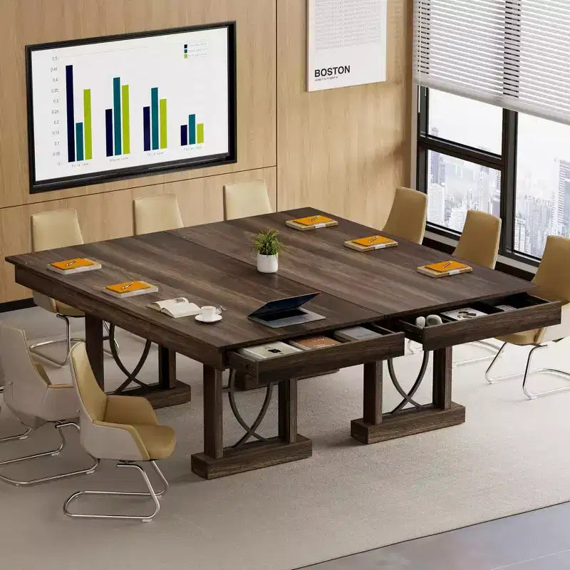 Dining Table for 6-8 with 2 Drawers, Wooden Kitchen Table with Double Pedestal & Large Tabletop, 8 Ft Large Rectangular Dinner Table with Sturdy Frame