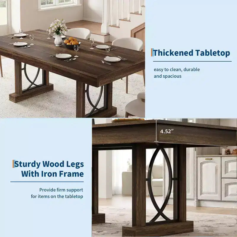 Dining Table for 6-8 with 2 Drawers, Wooden Kitchen Table with Double Pedestal & Large Tabletop, 8 Ft Large Rectangular Dinner Table with Sturdy Frame