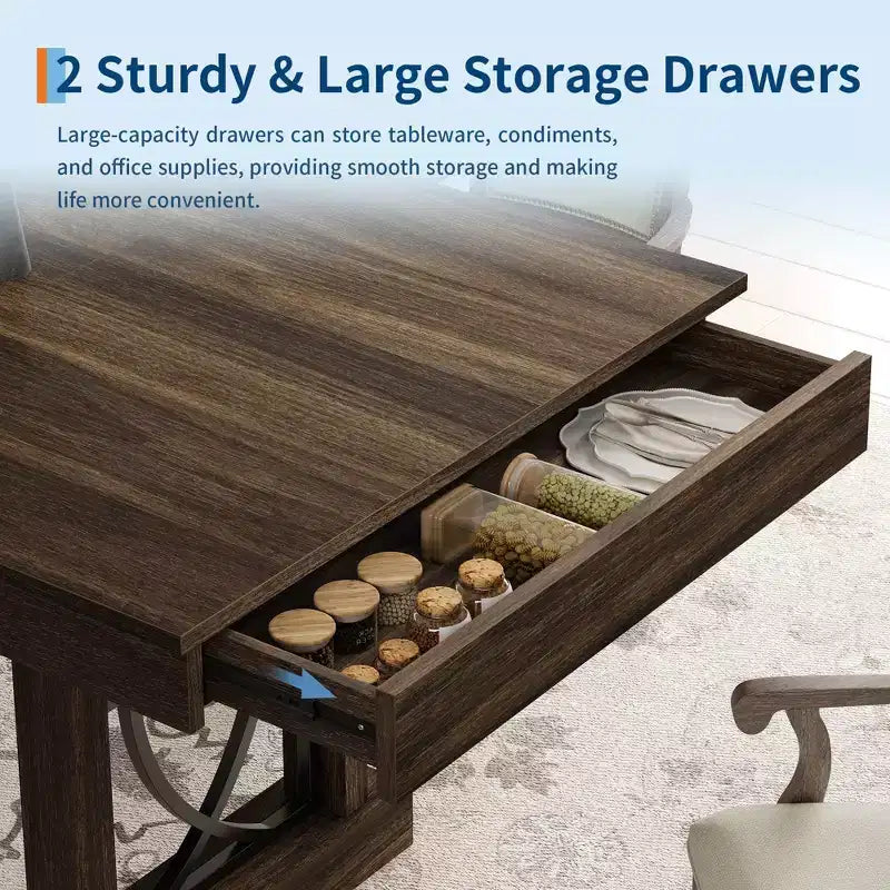 Dining Table for 6-8 with 2 Drawers, Wooden Kitchen Table with Double Pedestal & Large Tabletop, 8 Ft Large Rectangular Dinner Table with Sturdy Frame