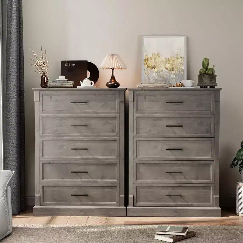 Farmhouse 4/5 Drawer Dresser for Bedroom, Tall Chest of Drawers with Metal Handles, Rustic Wooden Dresser TV Stand, for Living Room, Hallway