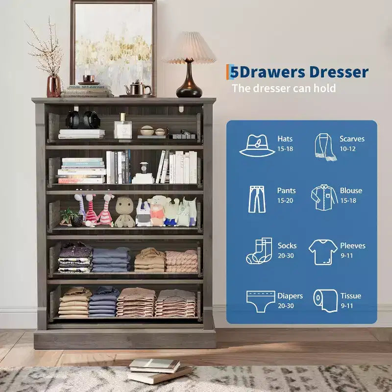 Farmhouse 4/5 Drawer Dresser for Bedroom, Tall Chest of Drawers with Metal Handles, Rustic Wooden Dresser TV Stand, for Living Room, Hallway