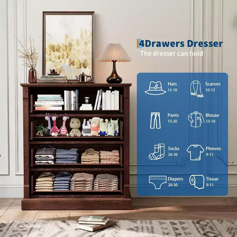 Farmhouse 4/5 Drawer Dresser for Bedroom, Tall Chest of Drawers with Metal Handles, Rustic Wooden Dresser TV Stand, for Living Room, Hallway