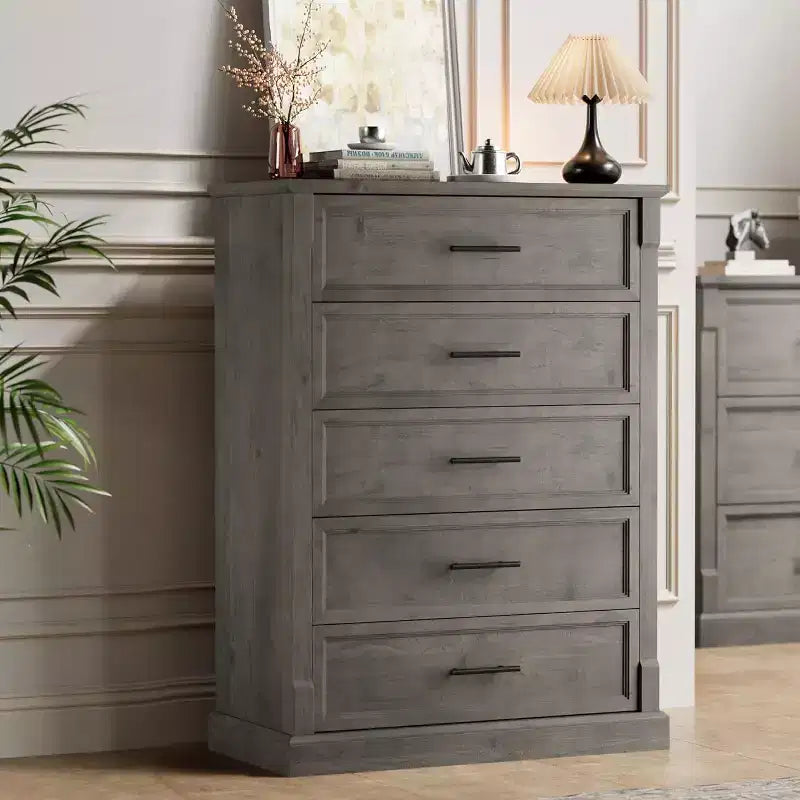Farmhouse 4/5 Drawer Dresser for Bedroom, Tall Chest of Drawers with Metal Handles, Rustic Wooden Dresser TV Stand, for Living Room, Hallway