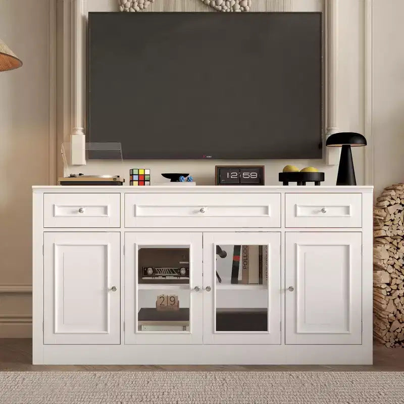 Famapy Modern TV Stand with Glass Doors 3-Drawer Media Console with Cable Management Versatile Storage Side Cabinet for Living Room