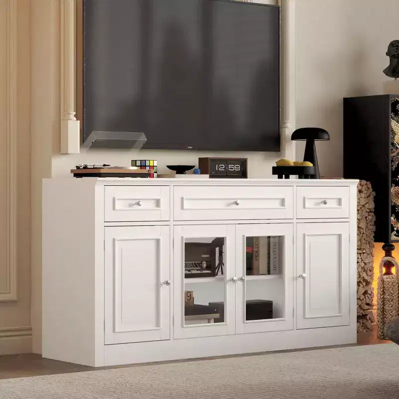 Famapy Modern TV Stand with Glass Doors 3-Drawer Media Console with Cable Management Versatile Storage Side Cabinet for Living Room