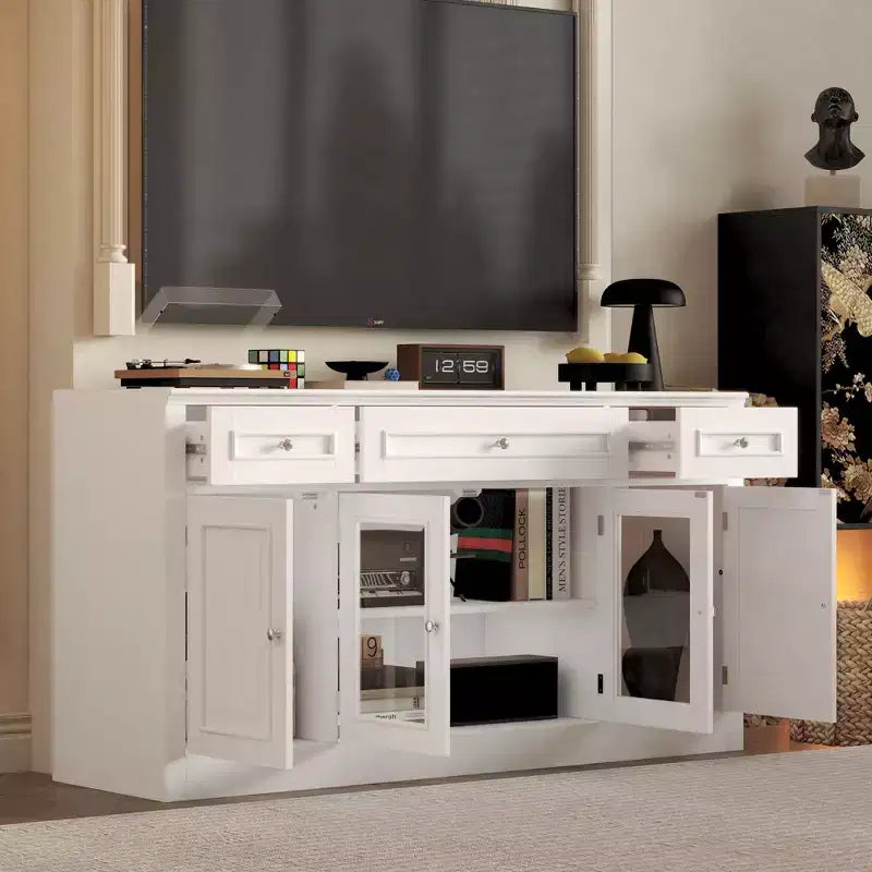Famapy Modern TV Stand with Glass Doors 3-Drawer Media Console with Cable Management Versatile Storage Side Cabinet for Living Room