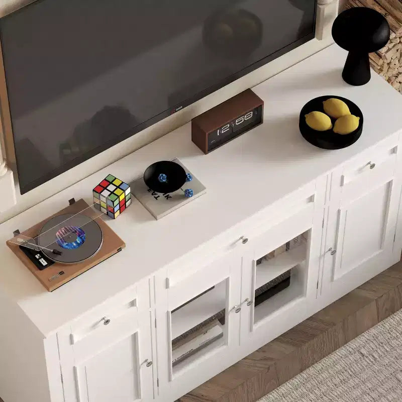 Famapy Modern TV Stand with Glass Doors 3-Drawer Media Console with Cable Management Versatile Storage Side Cabinet for Living Room