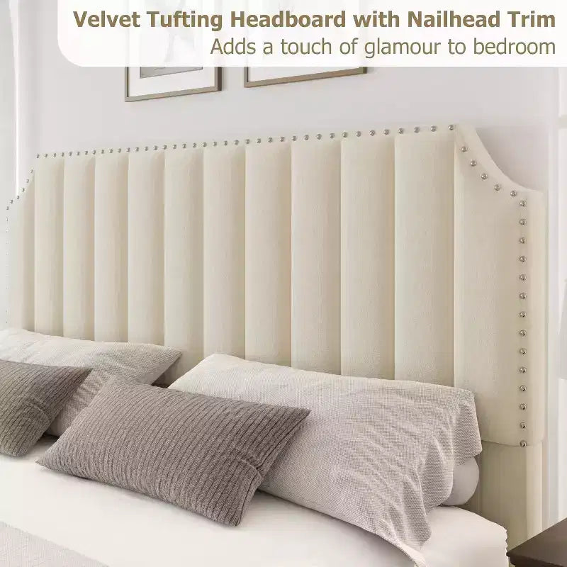 California King Velvet Bed Frame with 50.2 Vertical Channel Tufted Headboard & Footboard, Nailhead Trim, Upholstered Platform Bed