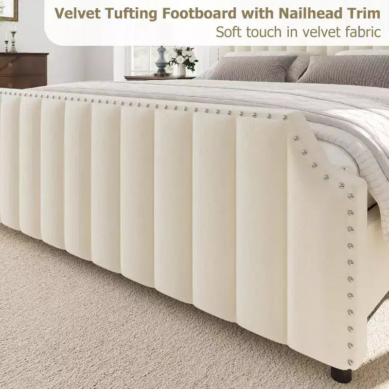 California King Velvet Bed Frame with 50.2 Vertical Channel Tufted Headboard & Footboard, Nailhead Trim, Upholstered Platform Bed
