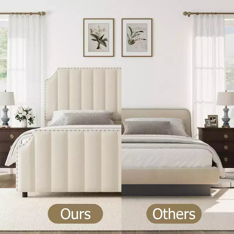 California King Velvet Bed Frame with 50.2 Vertical Channel Tufted Headboard & Footboard, Nailhead Trim, Upholstered Platform Bed