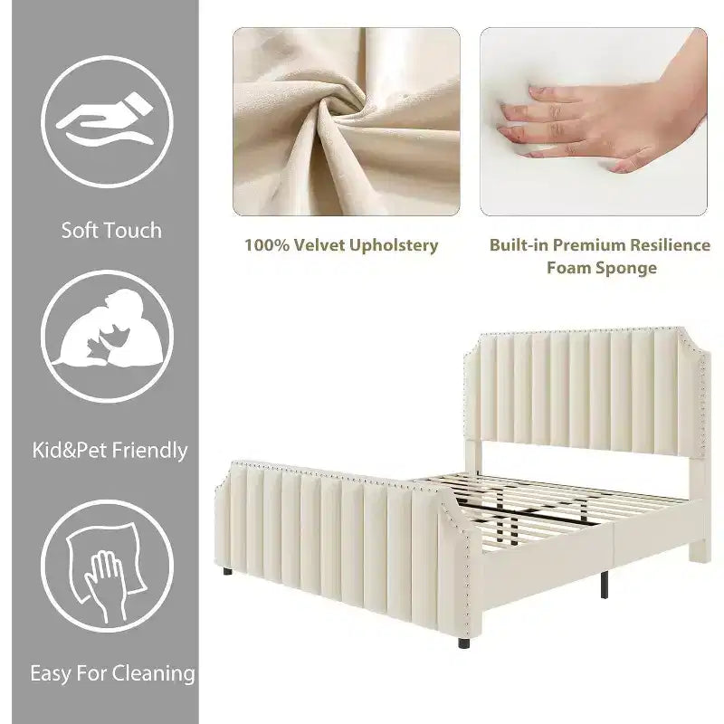 California King Velvet Bed Frame with 50.2 Vertical Channel Tufted Headboard & Footboard, Nailhead Trim, Upholstered Platform Bed