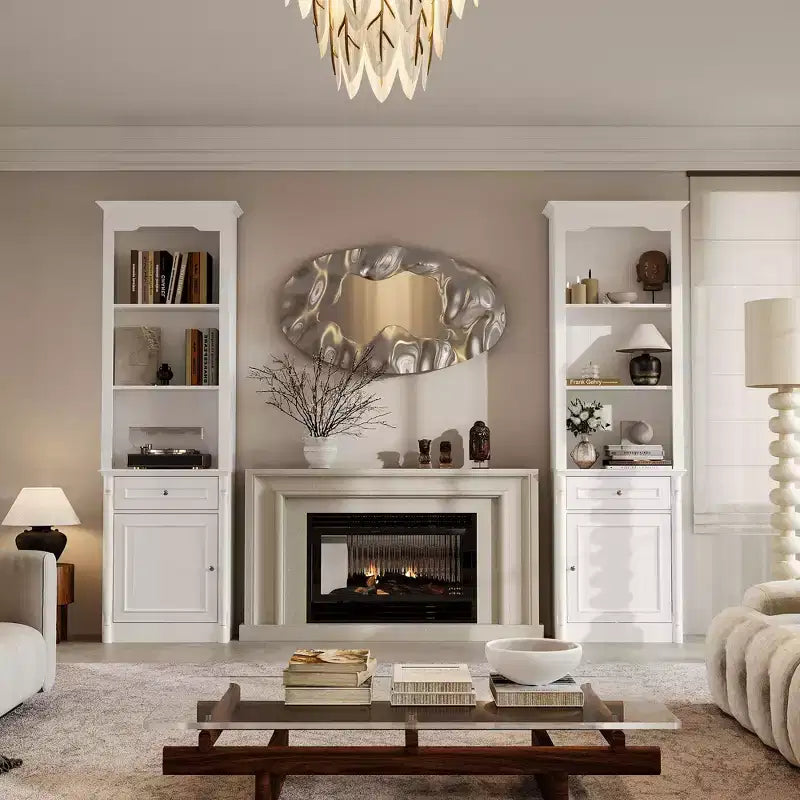 Famapy Stylish 82.3 Tall Storage Cabinet Set 2 Fireplace Side Display Cabinets Bookshelf Hutch with Open Shelves & Drawer for Living Room