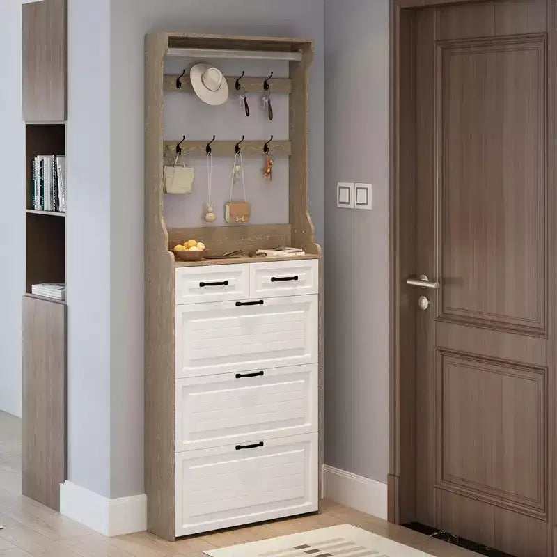 Shoe Storage Cabinet with 3 Doors and 2 Drawers, Entryway Hall Tree Coat Shoe Rack with 8 Hooks, Freestanding Shoe Organizer
