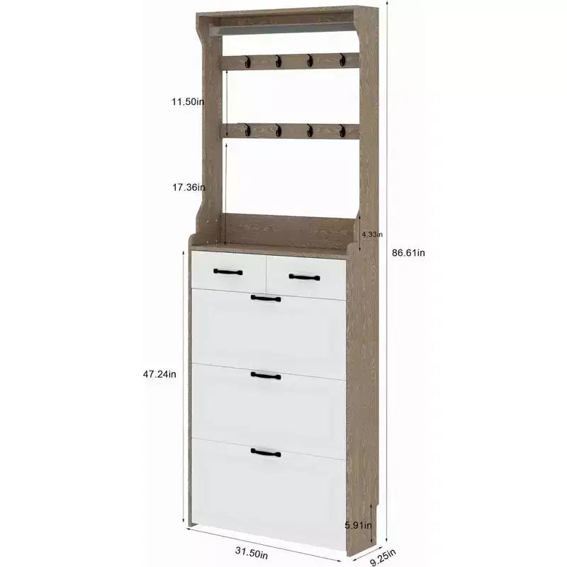 Shoe Storage Cabinet with 3 Doors and 2 Drawers, Entryway Hall Tree Coat Shoe Rack with 8 Hooks, Freestanding Shoe Organizer