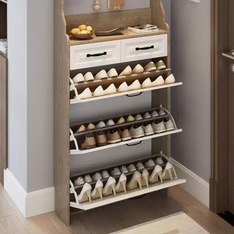 Shoe Storage Cabinet with 3 Doors and 2 Drawers, Entryway Hall Tree Coat Shoe Rack with 8 Hooks, Freestanding Shoe Organizer