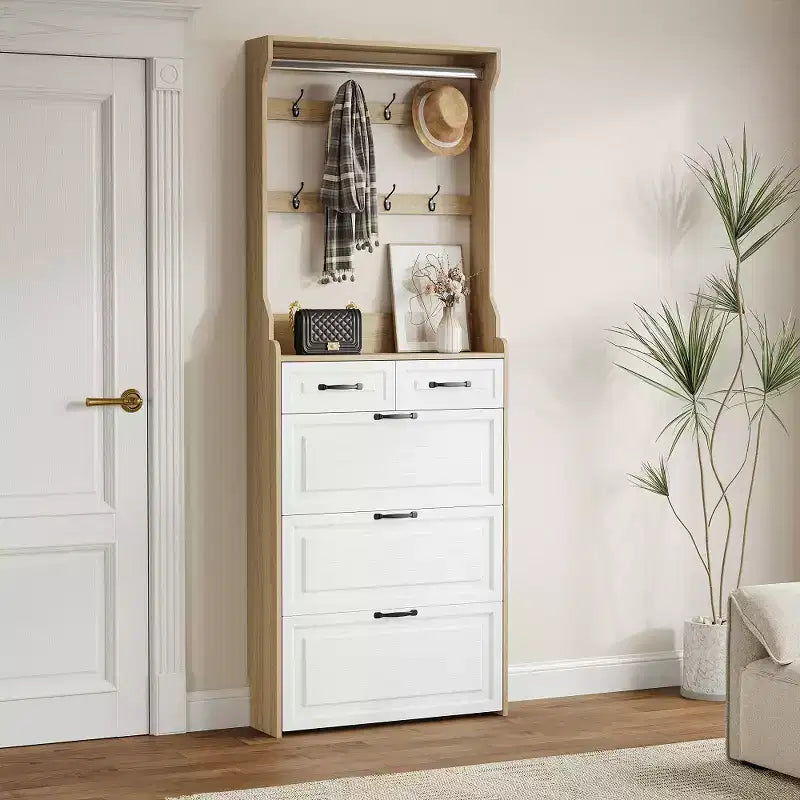 Shoe Storage Cabinet with 3 Doors and 2 Drawers, Entryway Hall Tree Coat Shoe Rack with 8 Hooks, Freestanding Shoe Organizer