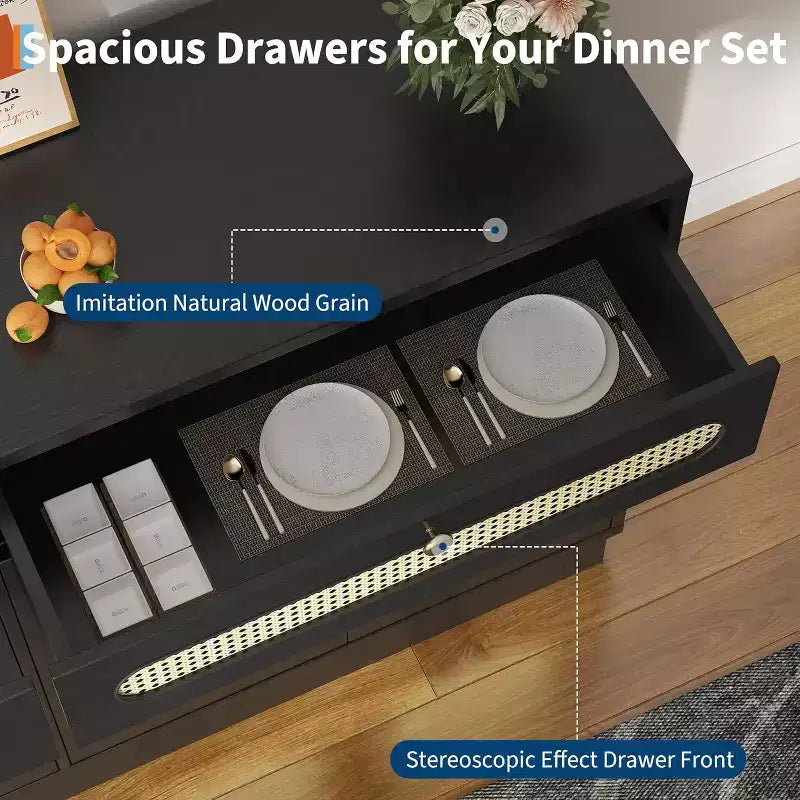 60'' Rattan Sideboard, Sideboard Cabinet with 2 Drawers 4 Rattan Doors, Buffet Cabinet with Adjustable Shelves for Dining Room,Living Room,EntryWay
