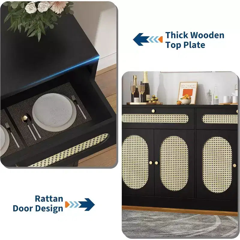 60'' Rattan Sideboard, Sideboard Cabinet with 2 Drawers 4 Rattan Doors, Buffet Cabinet with Adjustable Shelves for Dining Room,Living Room,EntryWay
