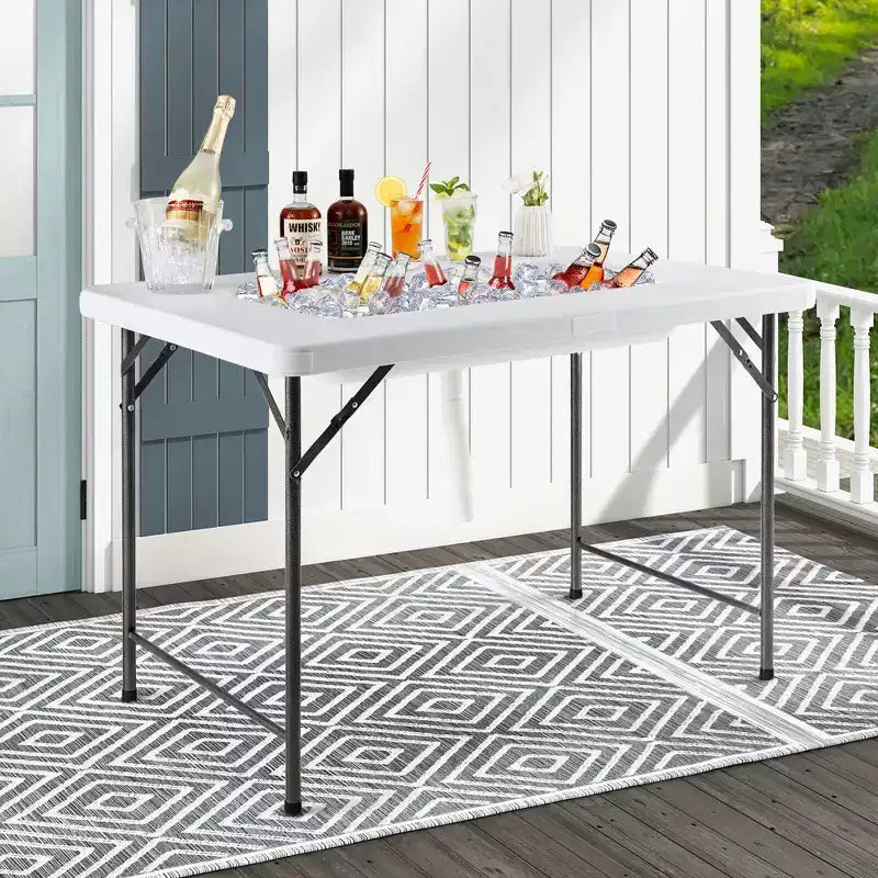 Costway 4FT Folding Ice Bin Table Outdoor Ice Cooler Table w/ Matching Skirt Party BBQ