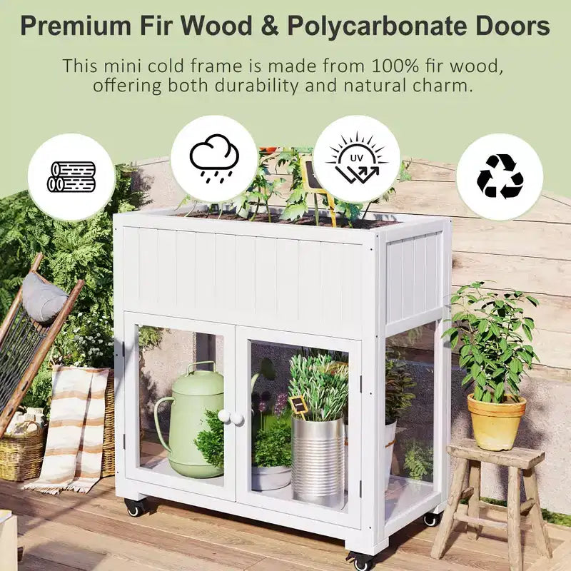 MAYEERTY 35.4''x17.7''x37.4'' Mini Cold Frame, 2-Door Greenhouse with Wheels, Indoor Outdoor, Black