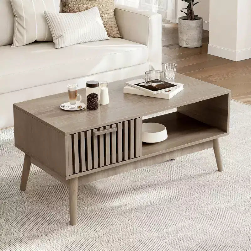 39.4 Coffee Table with Storage and Study Wood Legs, 2-Tier Rectangle Design for Living Room