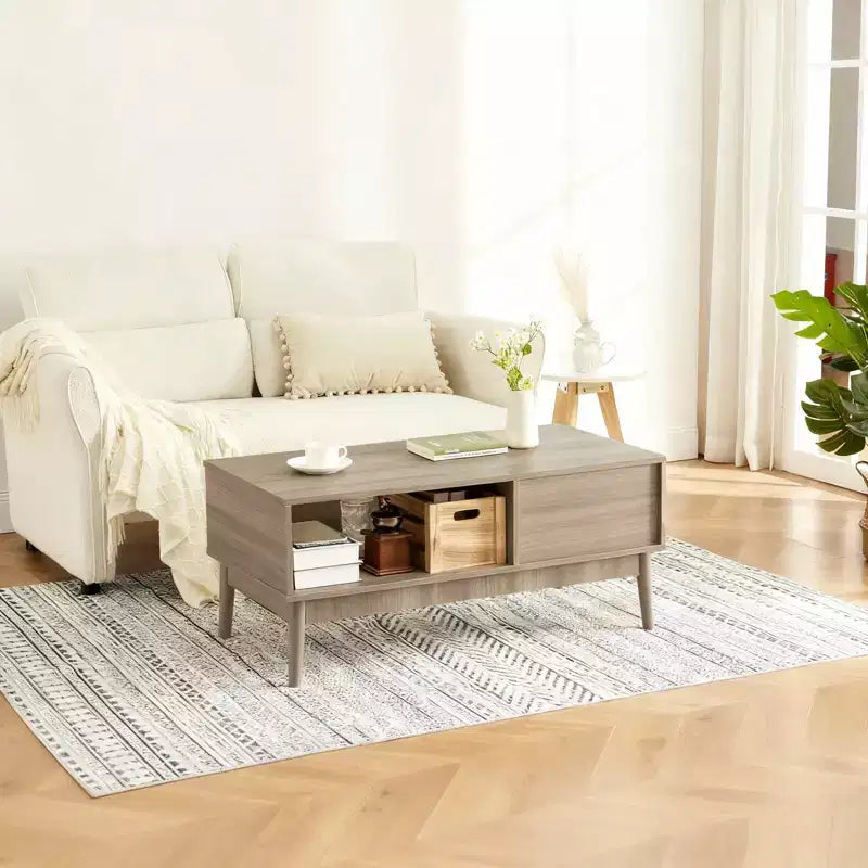 39.4 Coffee Table with Storage and Study Wood Legs, 2-Tier Rectangle Design for Living Room