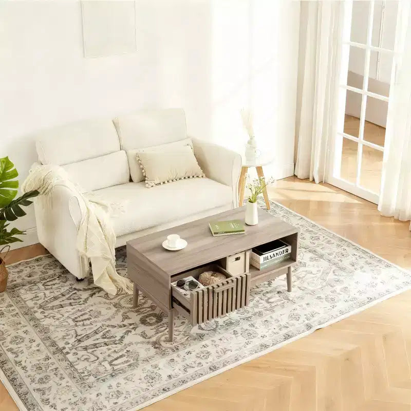 39.4 Coffee Table with Storage and Study Wood Legs, 2-Tier Rectangle Design for Living Room