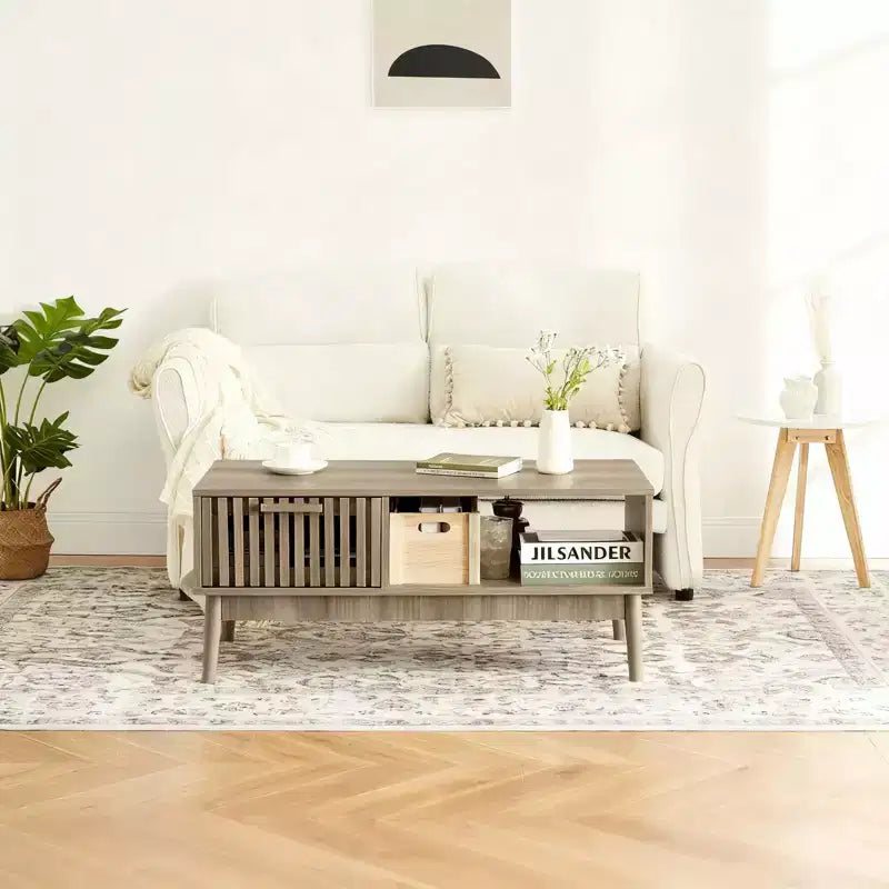 39.4 Coffee Table with Storage and Study Wood Legs, 2-Tier Rectangle Design for Living Room