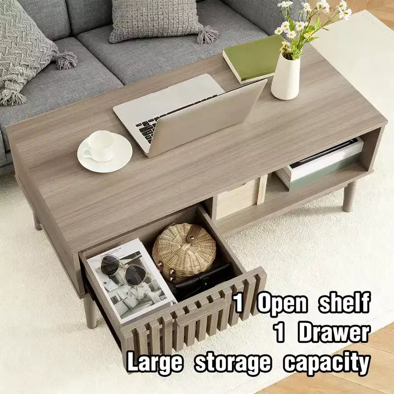 39.4 Coffee Table with Storage and Study Wood Legs, 2-Tier Rectangle Design for Living Room