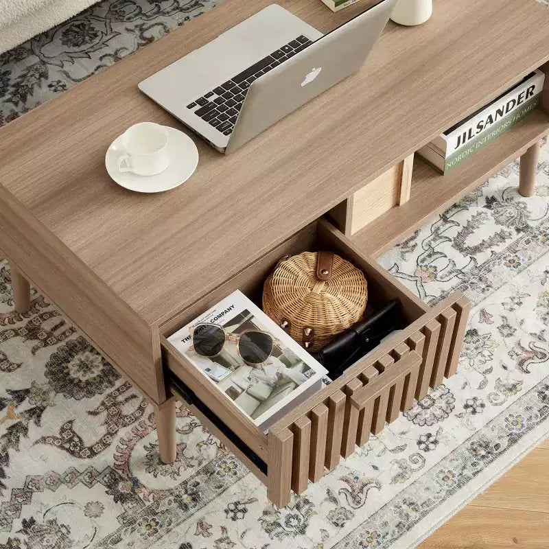 39.4 Coffee Table with Storage and Study Wood Legs, 2-Tier Rectangle Design for Living Room
