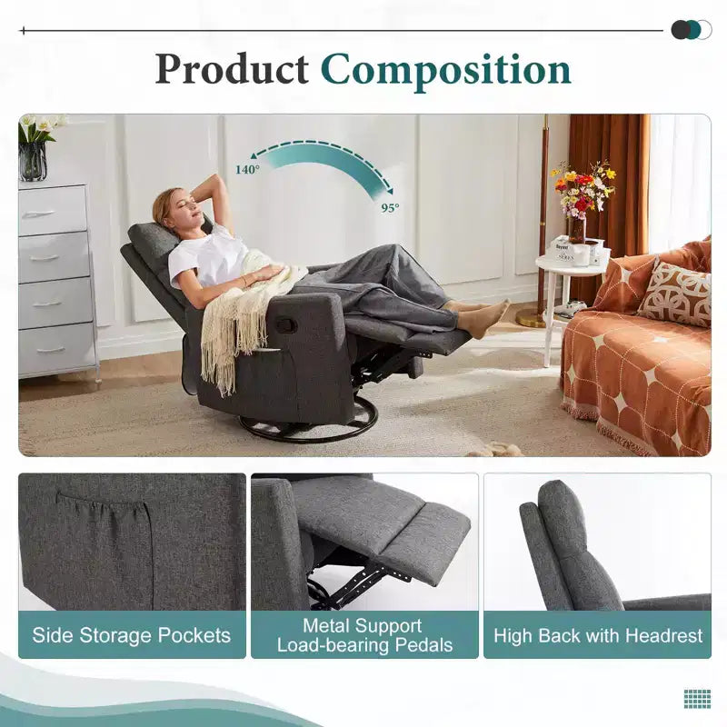 Okak Modern Upholstered Swivel Recliner Chair with Adjustable Footrest,Deep Seat Lounge Sofa Chair with High Backrest