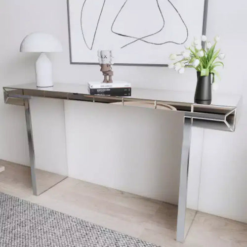 60 Mirrored Console Table with Fluted Glass Accents, Modern Full-Length Entryway Table for Living Room, Hallway or Behind Sofa - Panipeachy