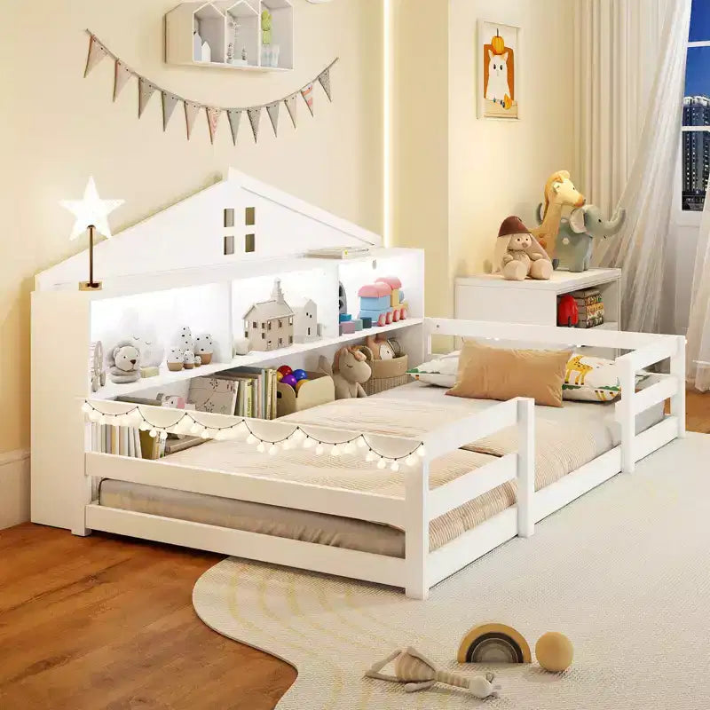 Costway Twin/Full Size Montessori Floor Bed with LED Lights Safety Guardrails Compartments Shelf White/Gray
