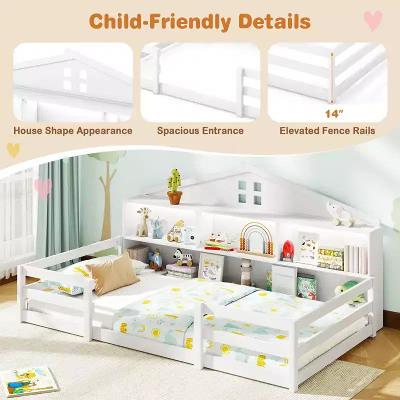 Costway Twin/Full Size Montessori Floor Bed with LED Lights Safety Guardrails Compartments Shelf White/Gray