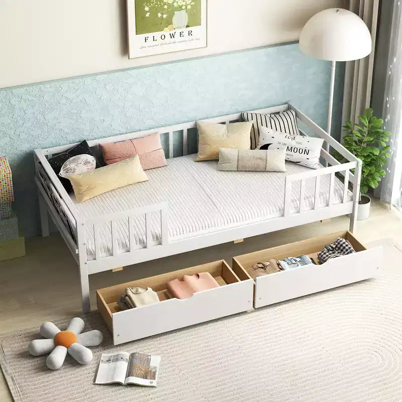 Costway Twin Size Kids Bed w/ Storage 2 Pull-out Drawers Side Shelf for Children & Teens