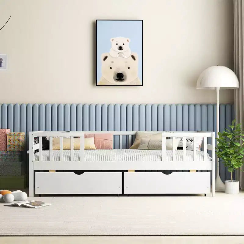 Costway Twin Size Kids Bed w/ Storage 2 Pull-out Drawers Side Shelf for Children & Teens