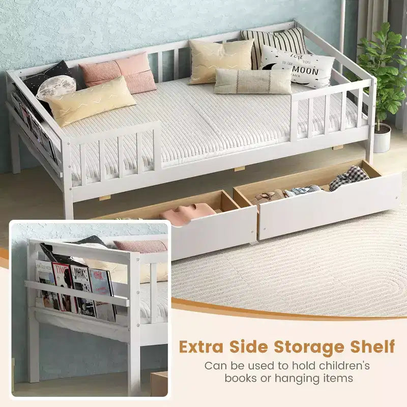 Costway Twin Size Kids Bed w/ Storage 2 Pull-out Drawers Side Shelf for Children & Teens
