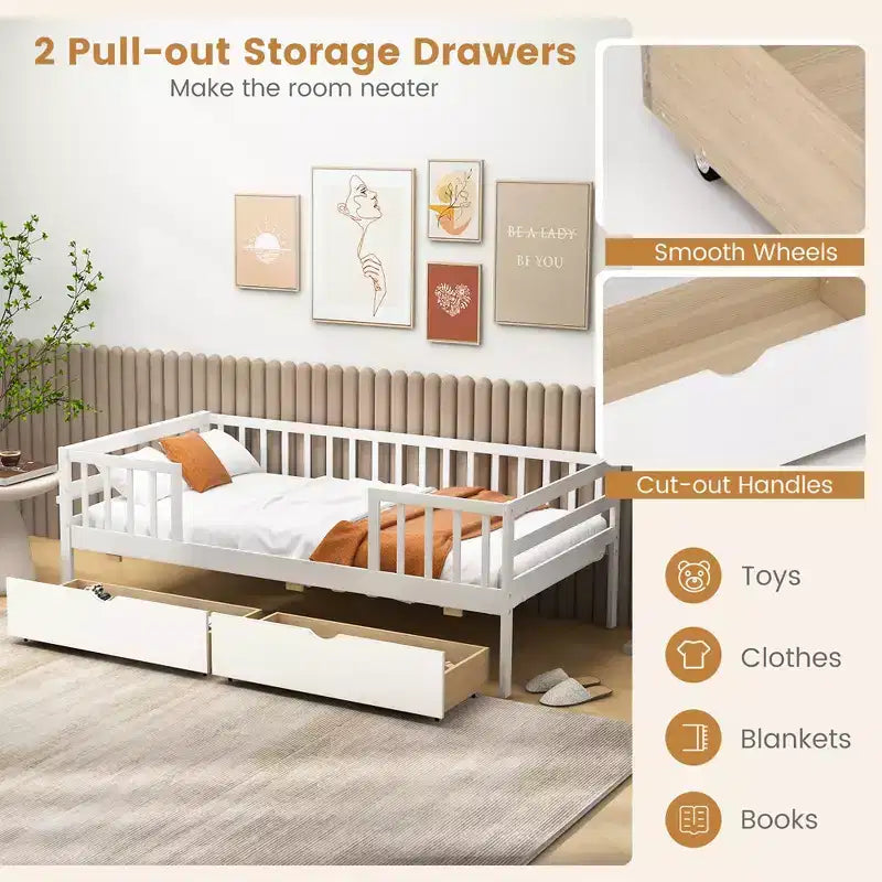 Costway Twin Size Kids Bed w/ Storage 2 Pull-out Drawers Side Shelf for Children & Teens