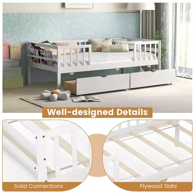 Costway Twin Size Kids Bed w/ Storage 2 Pull-out Drawers Side Shelf for Children & Teens