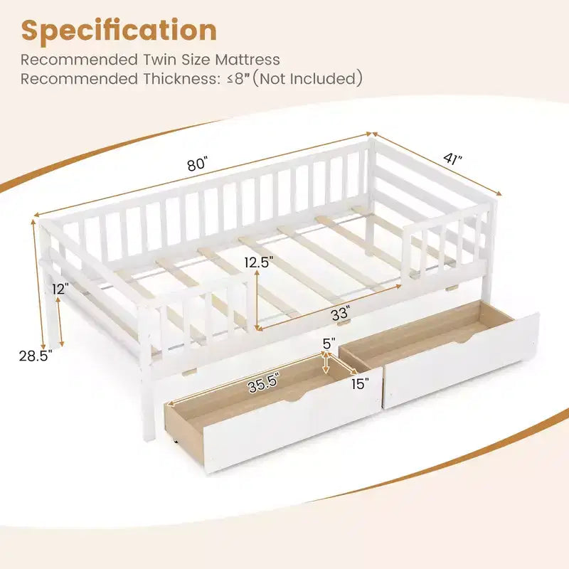 Costway Twin Size Kids Bed w/ Storage 2 Pull-out Drawers Side Shelf for Children & Teens