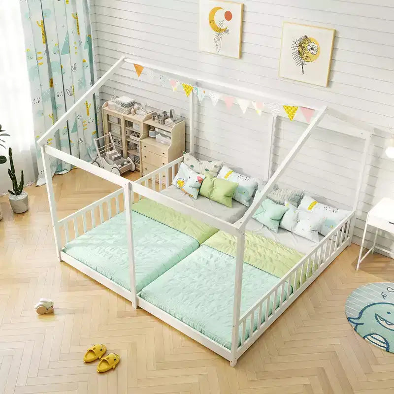 Costway Double Floor Bed w/ Safety Guardrails No Box Spring Needed for Teens Boys Girls White