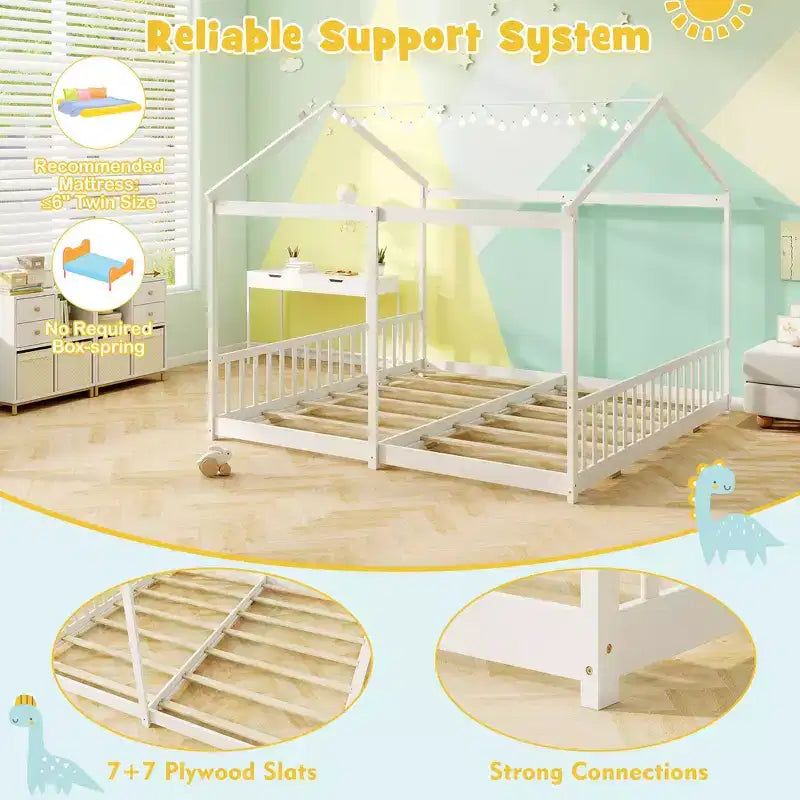 Costway Double Floor Bed w/ Safety Guardrails No Box Spring Needed for Teens Boys Girls White