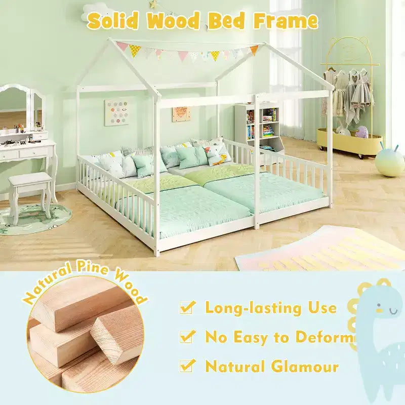 Costway Double Floor Bed w/ Safety Guardrails No Box Spring Needed for Teens Boys Girls White